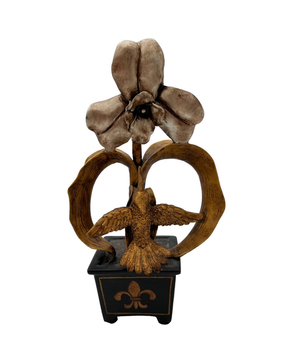 Fleur-de-Lis Wooden Hummingbird Sculpture: Fleur-de-Lis wooden flower and hummingbird sculpture. DIMENSIONS: 10"H x 3.5"D x 5.5"W