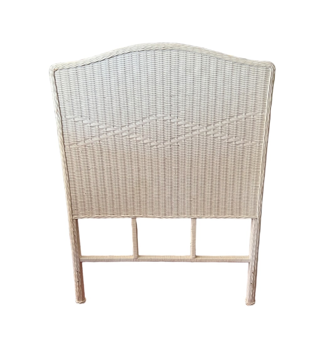 WOVEN WICKER TWIN HEADBOARD: A vintage twin-size white wicker headboard that captures the Palm Beach Regency estetics. Dimensions: 40? W × 1.75? D × 52.25? H