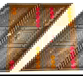 VTG Damascan Parquetry Inlaid Backgammon & Chess Game Board Box: The game board is inlaid with mother-of-pearl marquetry in a micro mosaic technique. The rectangular hinged box opens to reveal a backgammon game board (all pieces are included as shown). The boards e