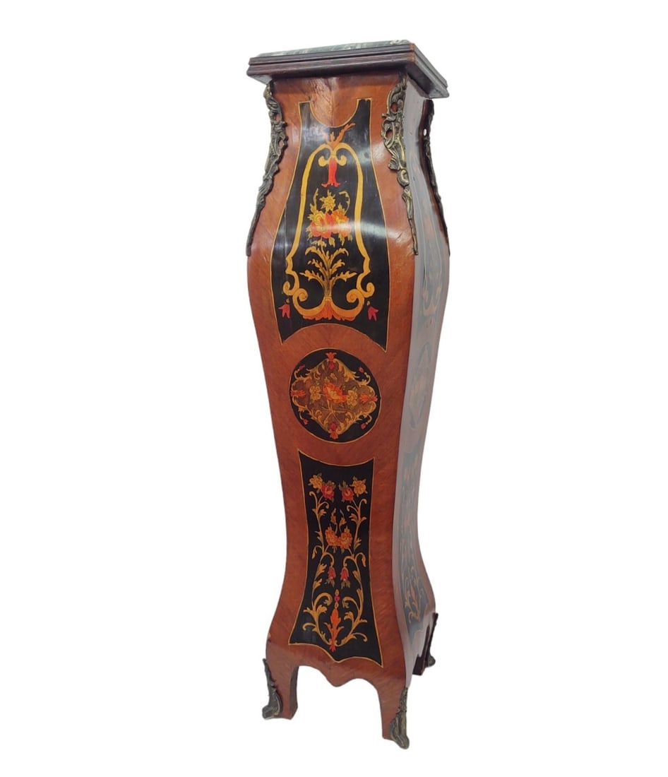 Marquetry Inlay Louis XIV Boulle Style Pedestal: Marquetry inlay Louis XIV Boulle style pedestal with green marble top. Dimensions: Height: 45 inches (114.3 cm) Width: 10 inches (25.4 cm) Depth: 10 inches (25.4 cm)