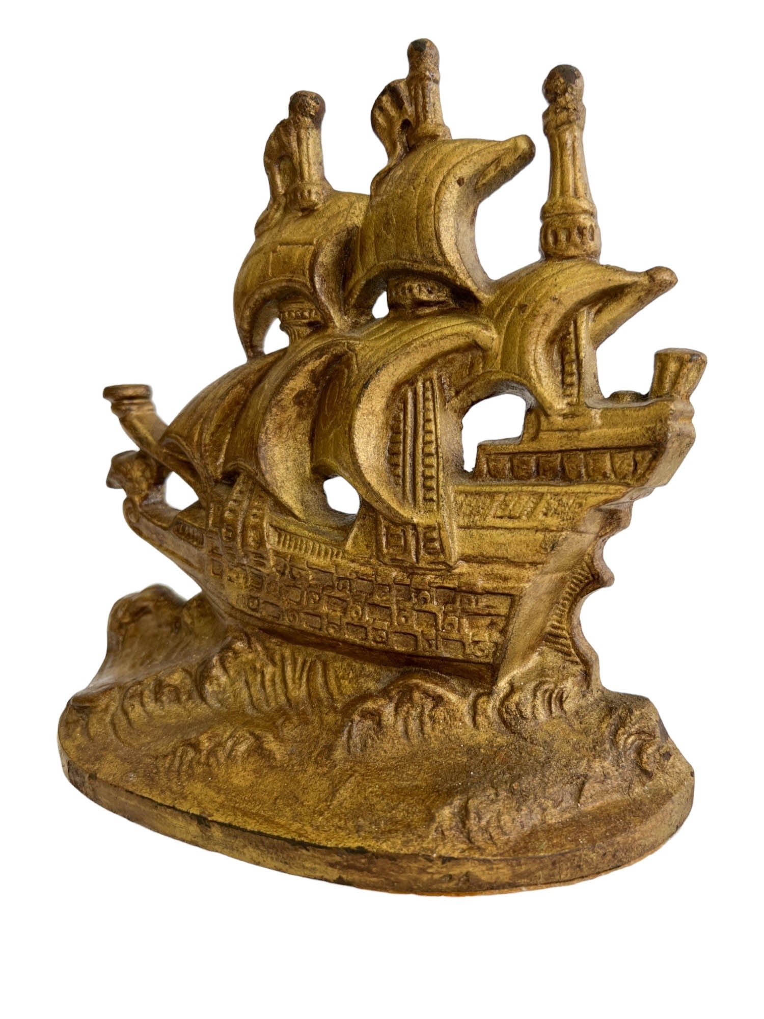 Cast Iron Spanish Galleon Door Stopper: Vintage cast iron "Spanish Galleon" door stopper. Dimensions: Height: 7.75 inches (19.68 cm) Width: 7.75 inches (19.68 cm) Depth: 3 inches (7.62 cm)