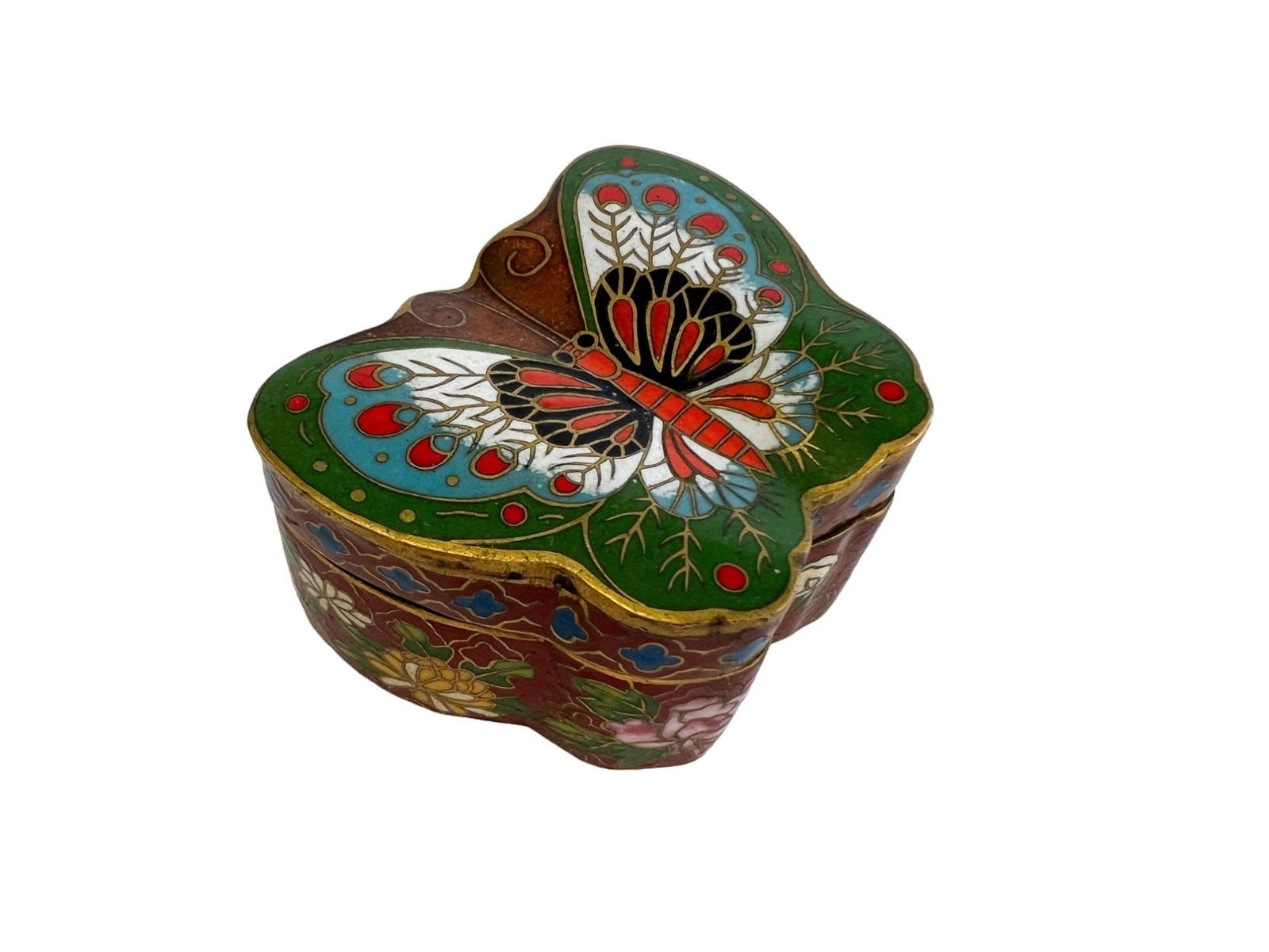Lidded Cloisonne Butterfly Pill Box: Vintage lidded cloisonne butterfly pill box/trinket box. Dimensions: Height (H): 1.25 inches (3.18 cm) Depth (D): 2 inches (5.08 cm) Width (W): 2.25 inches (5.71 cm)