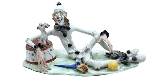 Pozi C., Porcelain Clown Musician and Schnauzer Figurine