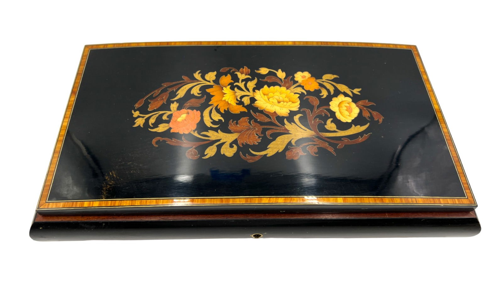 Sorrento, Italy. Marquetry Inlaid Jewelry / Music Box, Italy: Vintage Marquetry Inlaid Jewelry / Music Box, made in Sorrento Italy with key, lined in red velvet. Dimensions: Width: 12.75 inches (32.38 cm) Depth: 7 inches (17.78 cm) Height: 3 inches (7.62 cm)