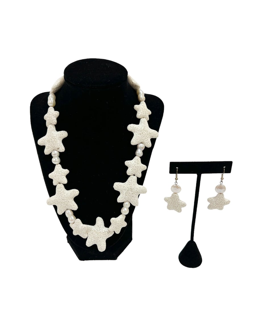 VTG Natural Star-shaped Lava Bead & Cultured Pearl Necklace /  Earring Set (1 of 8)