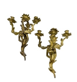 Bronze Louis XV Style Three Candle Sconces - a Pair