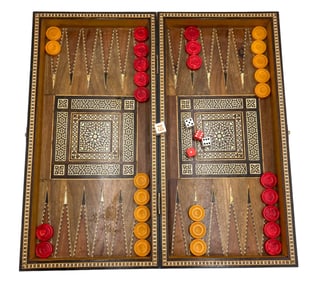 VTG Damascan Parquetry Inlaid Backgammon & Chess Game Board Box