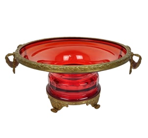 19th Century Ruby Red Glass & Brass Bowl, Austria