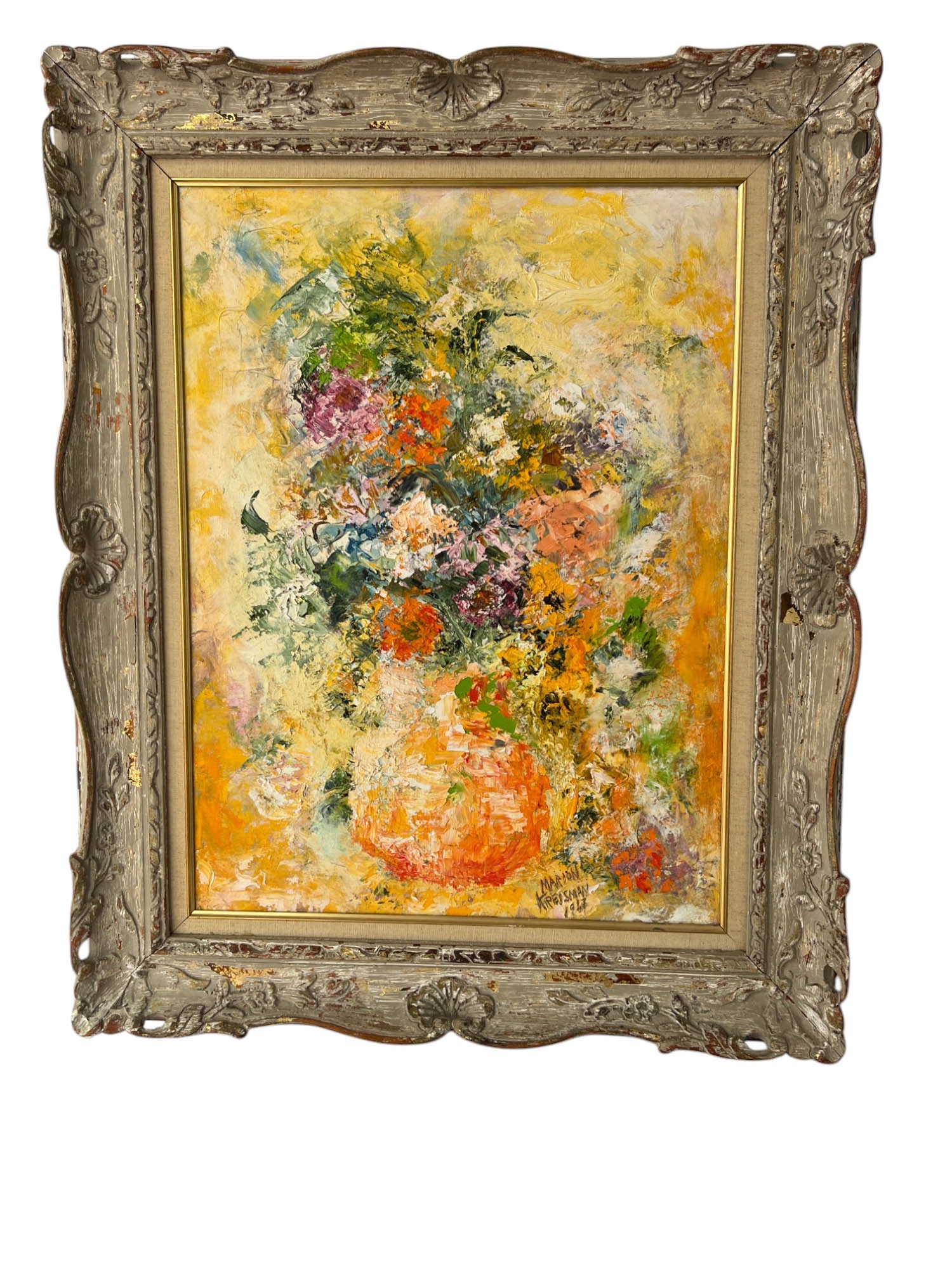 Impressionist Still Life by Mariam Kreisman, 1967: Original oil on canvas of Impressionist floral still life by Mariam Kreisman. Signed and dated lower right. Dimensions: 31" H x 25" W x 2" D.