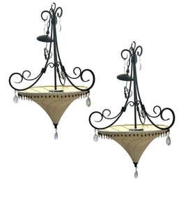 Pair of Fortuny Style Wrought Iron Pendant Chandeliers