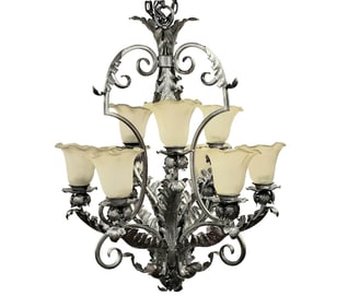 Vintage 1950s Iron Acanthus Leaf 9-Light Chandelier