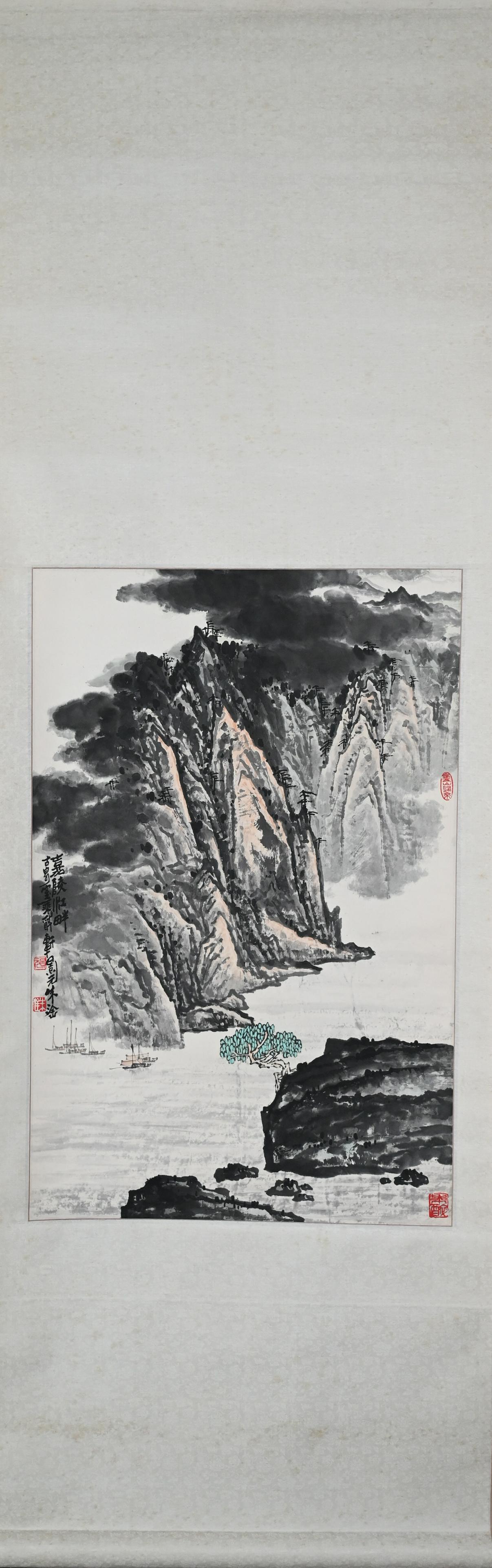 Chinese Scroll Painting Mountain Landscape: Ink on paper. Measures : (Image) W 44 x H 67.8 cm., (Total) W 54 x H 160 cm.