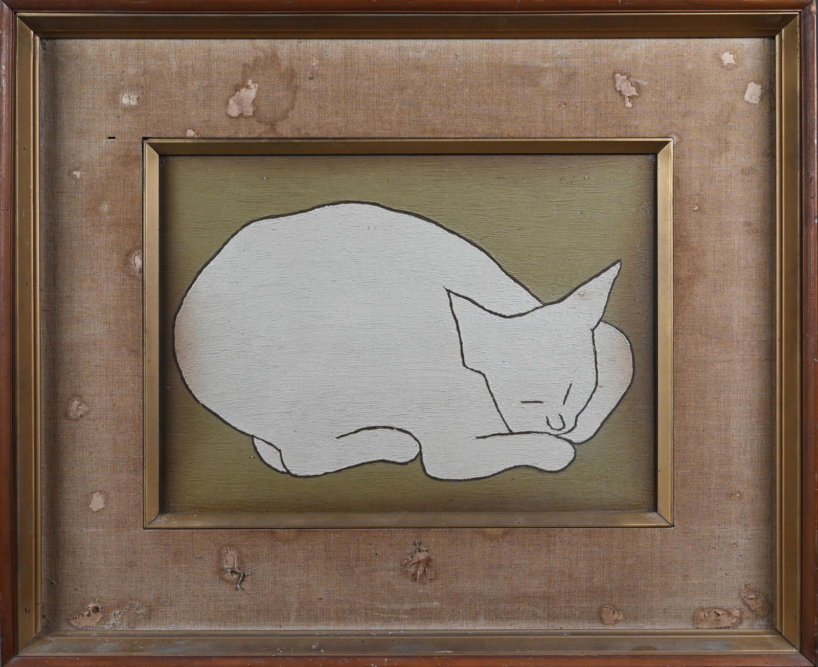 Japanese Painting White Cat On Board, Framed (1 of 9)