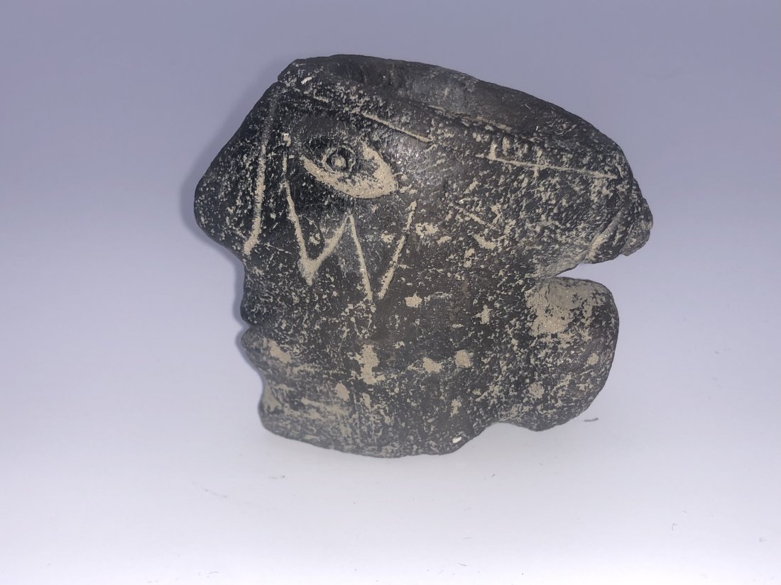 Antique Native Carved Pottery Weeping Eye Head Fetish Effigy Pipe: Antique Native Carved Pottery Weeping Eye Head Fetish Effigy Pipe. Excellent age appropriate condition. See pictures for details as part of description. Approximate Measures: 3.5” long; 3”