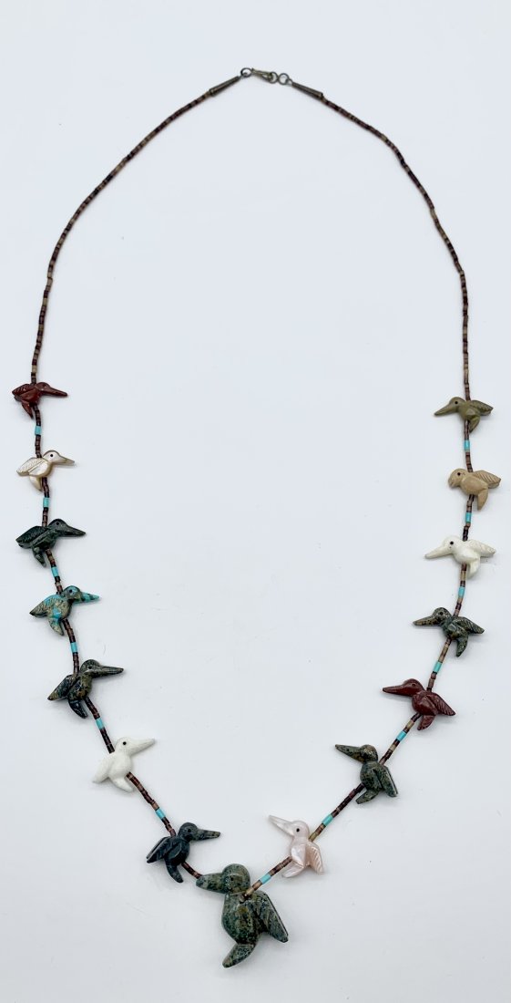 Native Zuni Multi Stone Hummingbird  Fetish Necklace with Sterling Cones (1 of 4)