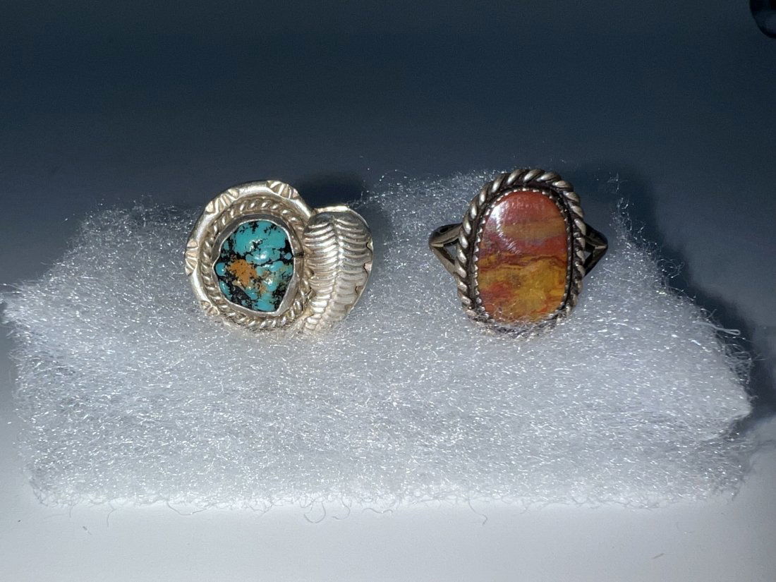 Two Mid Century Native Navajo Sterling Silver Jasper and Turquoise Rings 9 grams (1 of 3)
