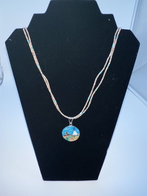 Native Zuni Sterling Silver Shell Heishe 2 strand Necklace with Inlay Teepee Pendant 20 Grams (1 of 4)