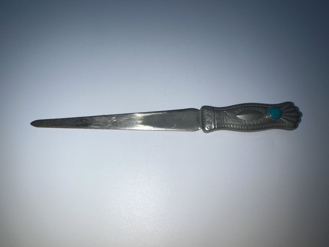 Native Navajo Fred Harvey Era Stamped Nickel Silver Turquoise Letter Opener (1 of 4)