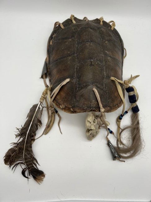 Mid Century Lakota Turtle Shell Medicine Shield: Turtle shell, turtle skull and misc cones and bone medicine shield from miid century. See pictures for details as part of description. Measures 13 inches long x 9 inches wide.
