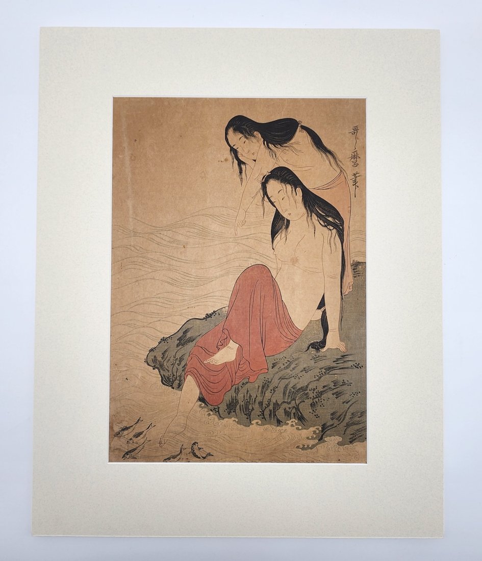 18th Century Japanese Ukiyo-e Triptych Titled "Awabi Tori" By "Kitagawa Utamaro" (1 of 4)