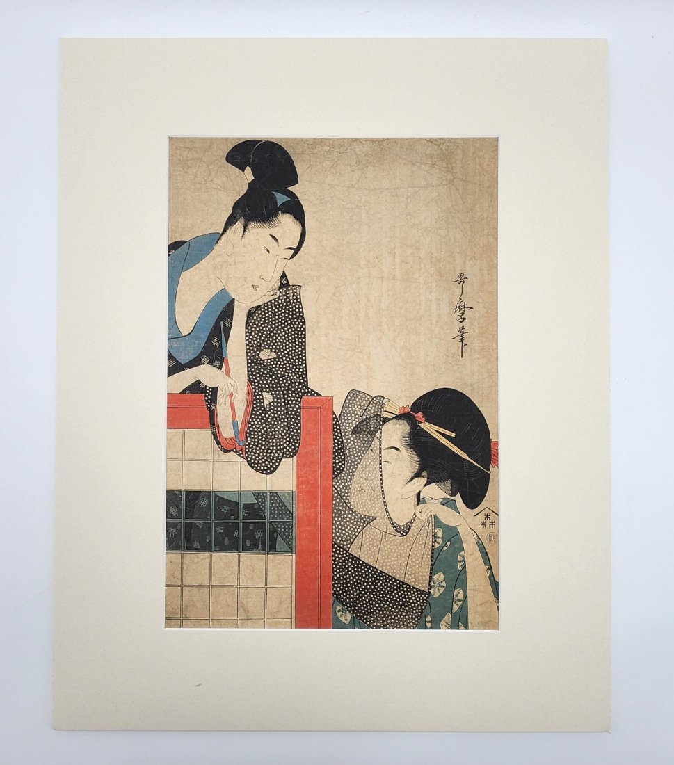 18th Century Japanese Ukiyo-e Woodblock Print Titled Man and Woman By Kitagawa UtamaroCirca 1797 (1 of 5)