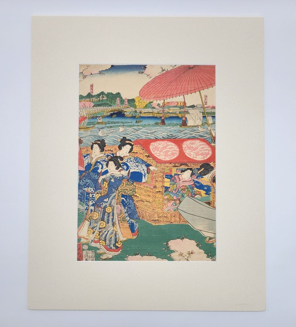 19th Century Japanese Ukiyo-e Diptych By "Utagawa Kunisada": 19th Century Japanese Ukiyo-e Diptych By "Utagawa Kunisada". See photos for details as part of description. Excellent vintage condition. Print is attached to matte as shown in picture. Measures approx