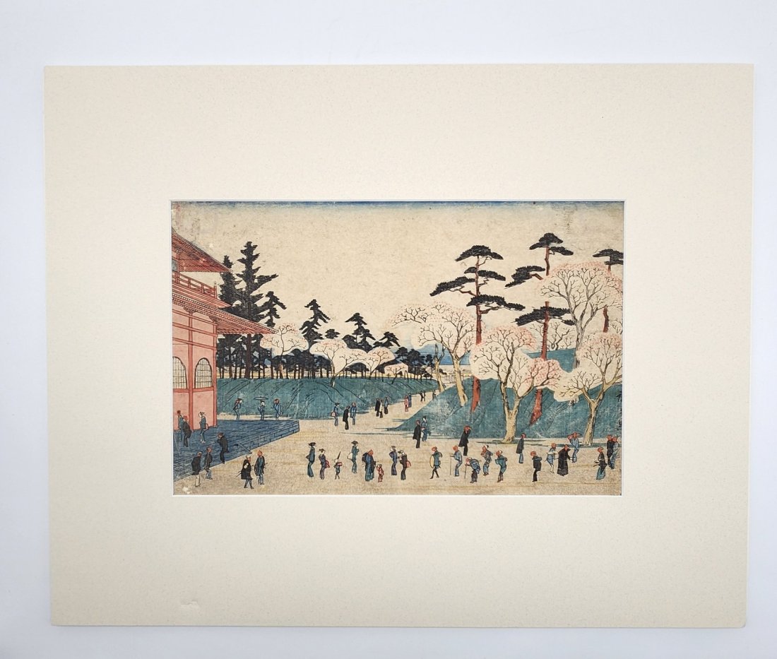 19th Century Japanese Ukiyo-e Woodblock Print of Temple Viewing During Springtime By Ando Hiroshige: 19th Century Japanese Ukiyo-e Woodblock Print Titled "Temple Viewing During Springtime" By Ando Hiroshige. See photos for details as part of description. Excellent vintage condition. Print is attached
