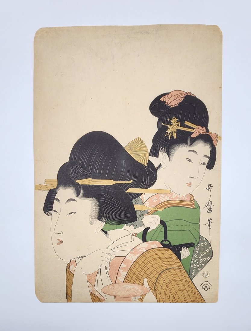 Antique Japanese Ukiyo-e Woodblock Print of Two Geishas: Antique Japanese Ukiyo-e Woodblock Print of Two Geishas. See photos for details as part of description. Excellent vintage condition. Measures approximately: 15 inches long x 10 inches wide.