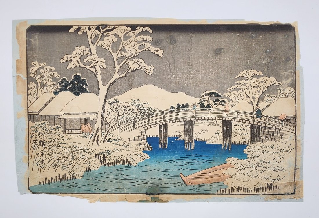 Antique Japanese Ukiyo-e Woodblock Print of Winter Bridge and Mountains: Antique Japanese Ukiyo-e Woodblock Print of Winter Bridge and Mountains. See photos for details as part of description. Excellent vintage condition. Measures approximately: 14.5 inches long x 9 inches