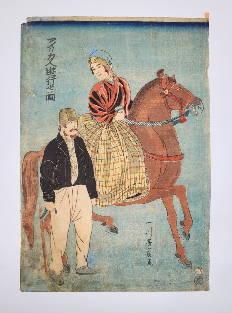 Antique Japanese Ukiyo-e Woodblock Print of Man Smoking Beside Woman On Horse: Antique Japanese Ukiyo-e Woodblock Print of Man Smoking Beside Woman On Horse. See photos for details as part of description. Excellent vintage condition. Measures approximately: 14.5 inches long x 10