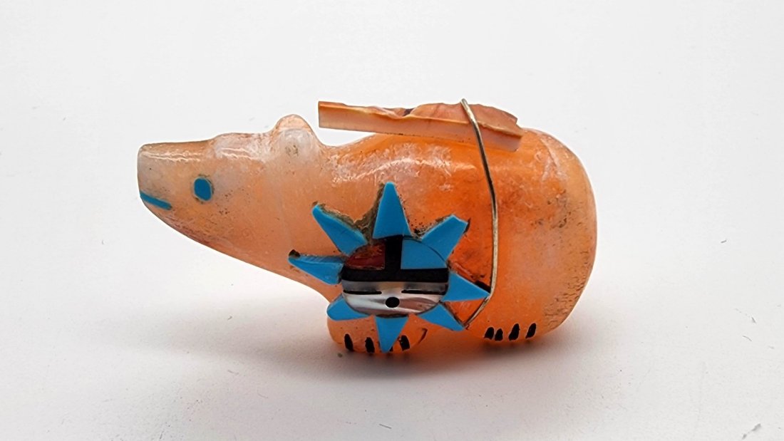 Native Zuni Carved Stone Turquoise Inlay Bear Fetish Signed By Brandon Phillips (1 of 2)