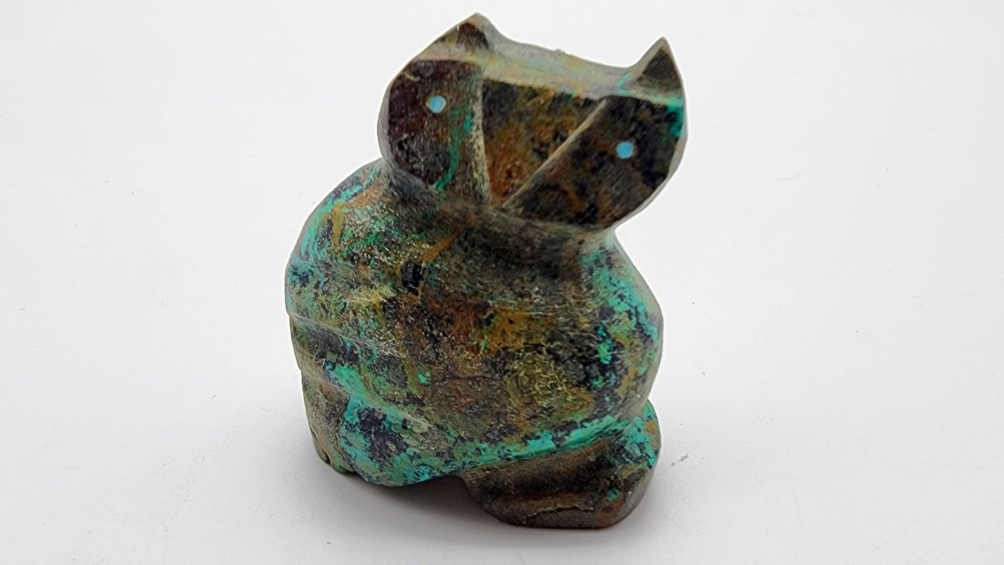 Native Zuni Carved Malachite Stone Owl Fetish Signed By Brandon Phillips (1 of 3)