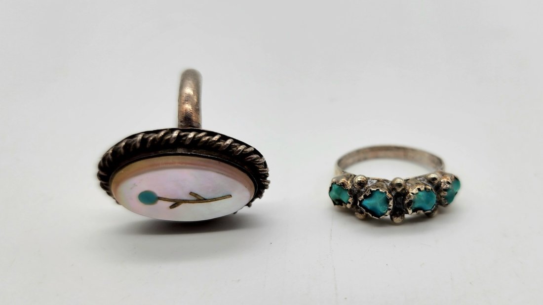 Lot of 2 Native Zuni Sterling Silver Turquoise Inlay Rings Size 6 (1 of 2)