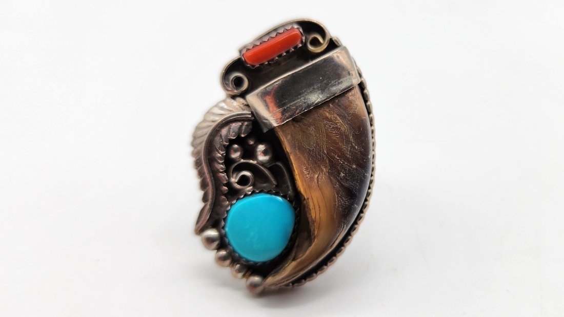 Native Navajo Sterling Silver Turquoise Coral & Bear Claw Ring Size 13.5 (1 of 2)
