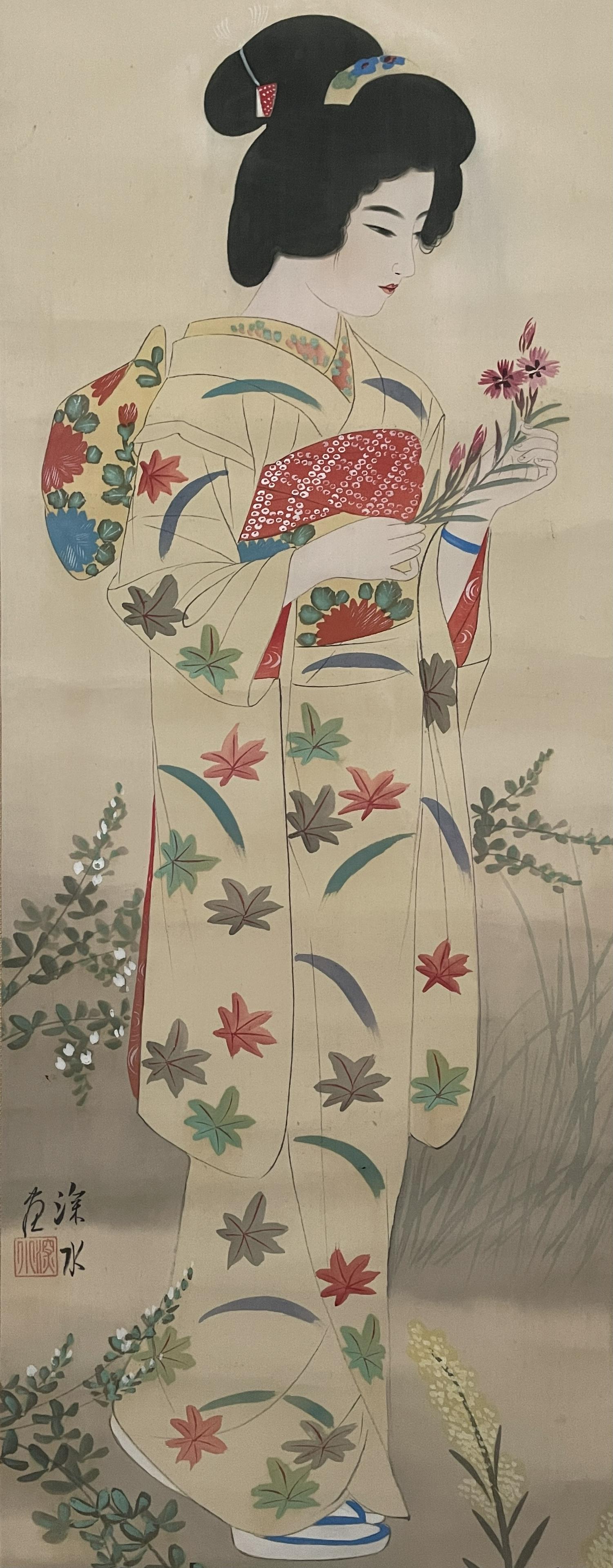 LARGE JAPANESE GEISHA GIRL SILK PAINTING (1 of 4)