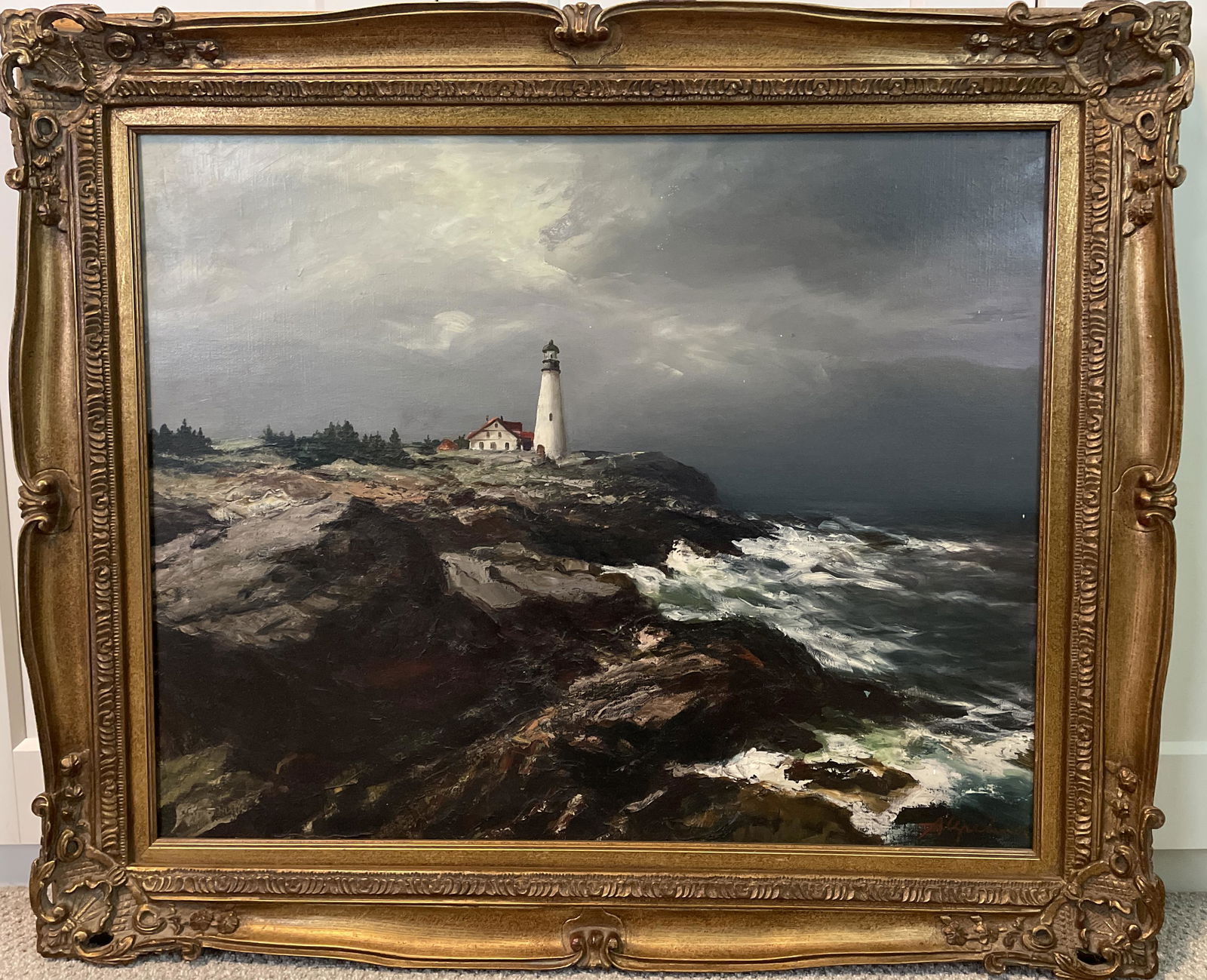 Vintage Framed Oil On Canvas Lighthouse Coastal Sea (1 of 4)