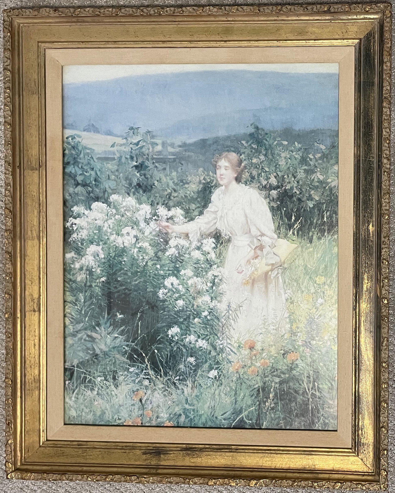 FRANCIS COATES JONES, American (1857-1932) Picking up Flowers Print: FRANCIS COATES JONES, FRAMED PRINT PICKING UP FLOWERS SIZE 26 1/2 X 32 1/2 approx