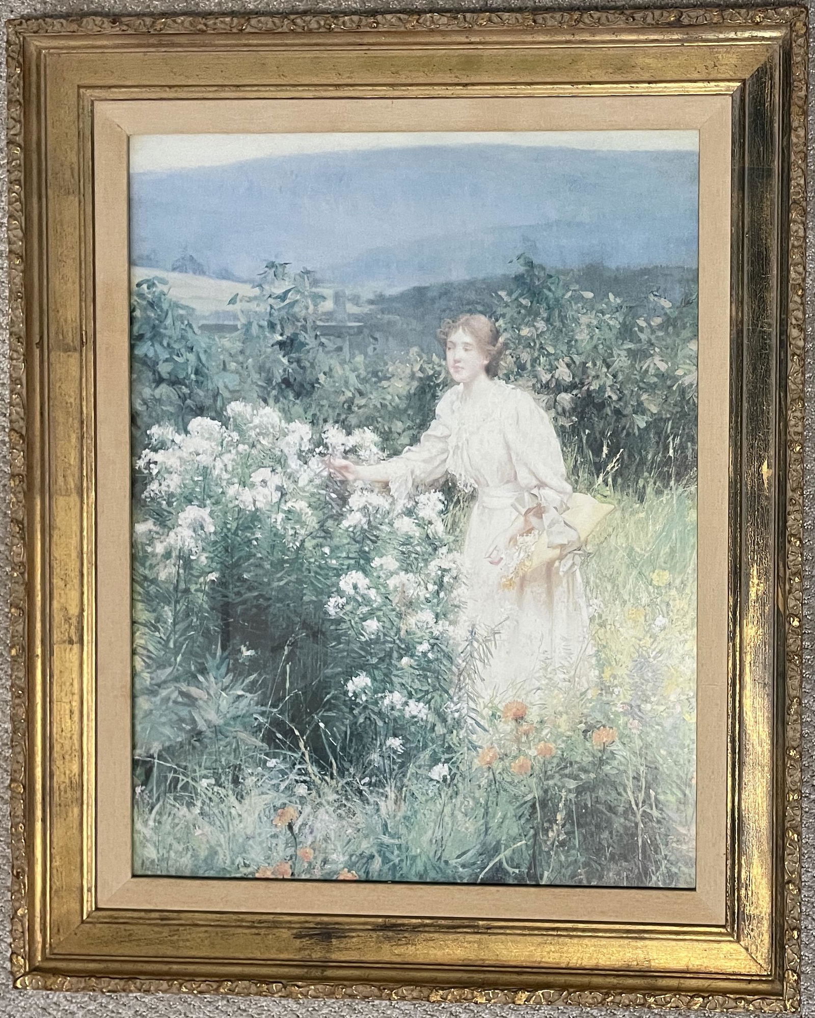 FRANCIS COATES JONES, American (1857-1932) Picking up Flowers Print: FRANCIS COATES JONES, FRAMED PRINT PICKING UP FLOWERS SIZE 26 1/2 X 32 1/2 approx