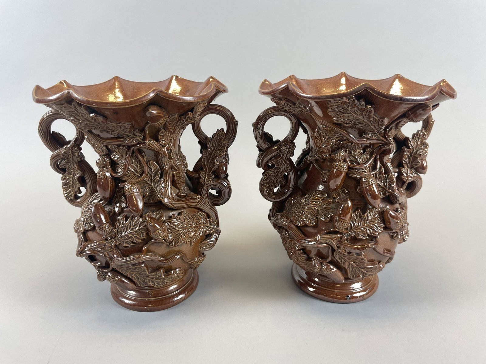 Pair 19th c. Stoneware Vases with Oak and Acorn Motif (1 of 8)