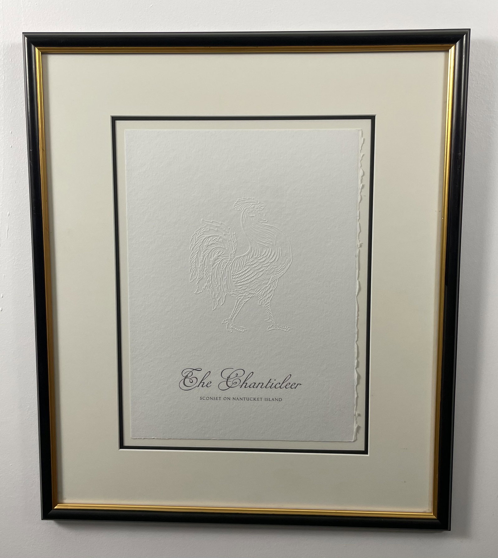 Framed Original Menu Cover, The Chanticleer; Nantucket: Original framed and matted vintage menu cover for the Chanticleer, Nantucket Island. "The Chanticleer; Sconset on Nantucket Island" printed in fine text on archival paper with blind embossed relief em
