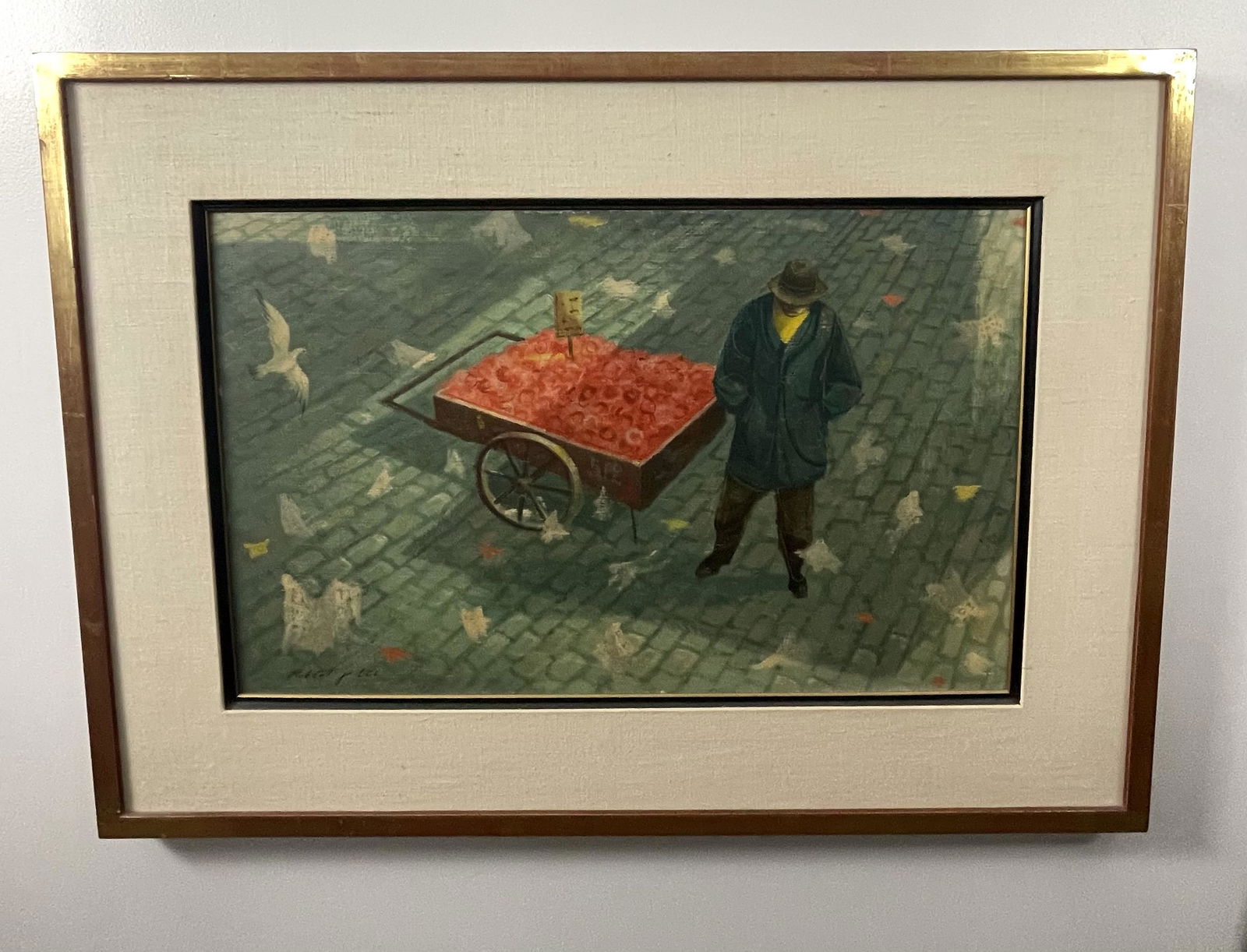 20th Century School Painting Robert J. Lee Apple Seller: Robert J. Lee, oil on board, depicting a man with an apple cart on a cobbled street, with swirling leaves and a gull, signed lower right, matted and framed. 32 1/4" x 23 1/4" (Framed). 23 3/4" x 14 1/