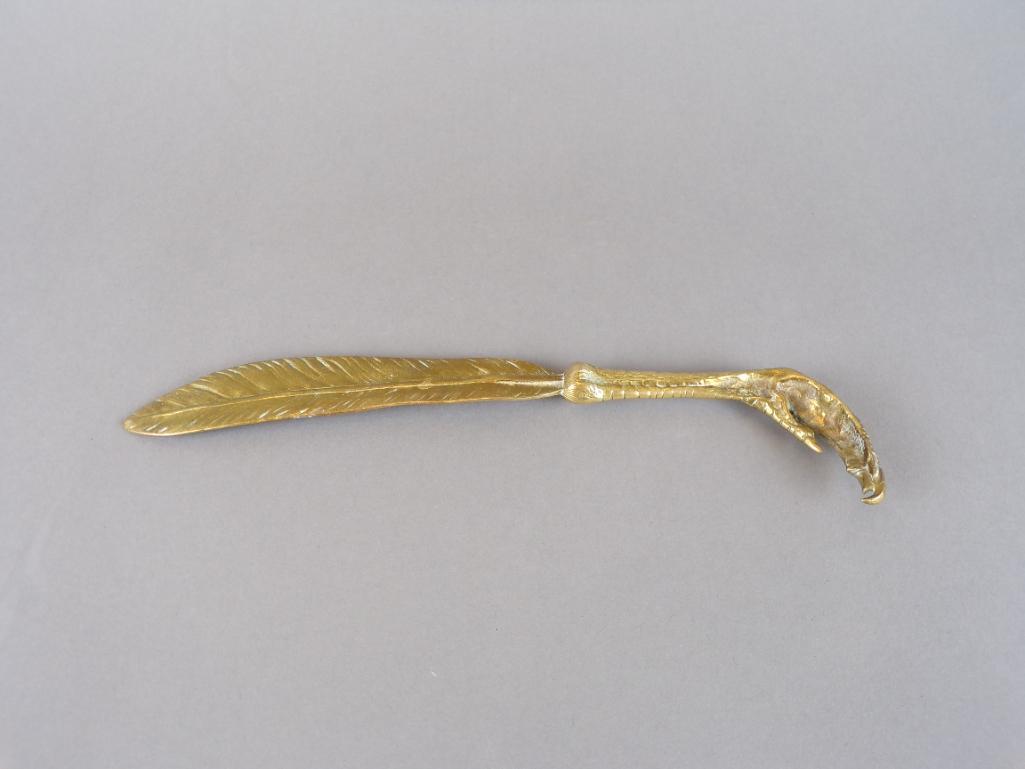 Antique French Bronze Feather & Claw Letter Opener: The cast bronze form with feather blade and talon claw handle, circa 1890-1910. Condition excellent with light patina. 9.5" length. Low Estimate: 50 High Estimate: 100