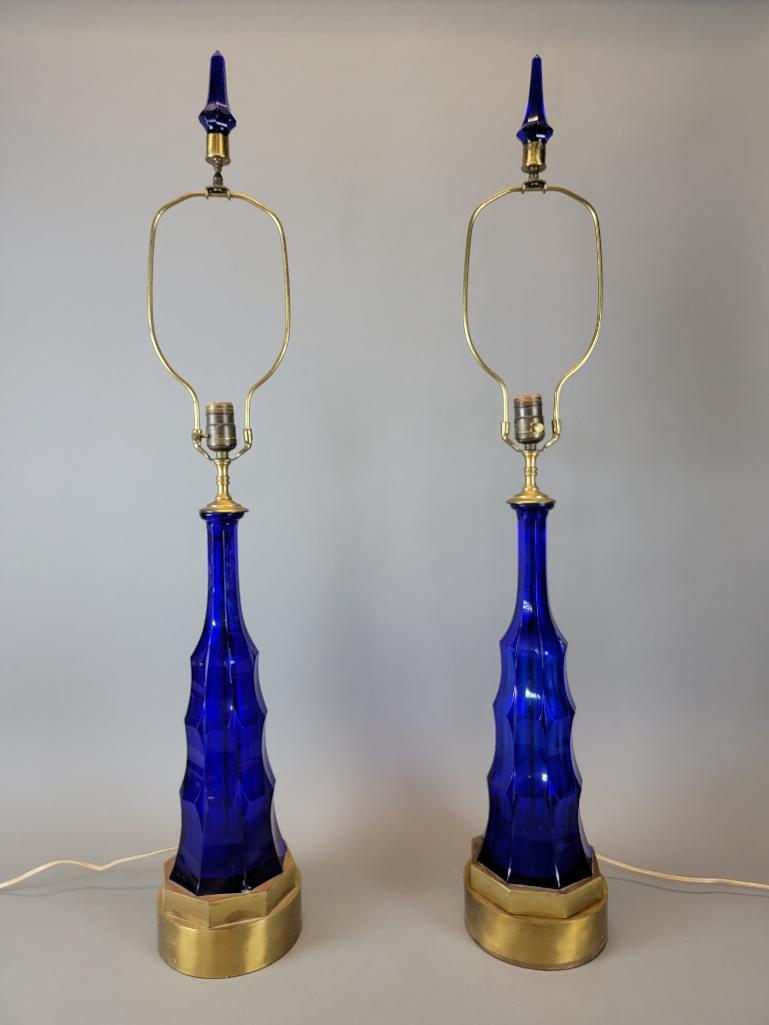 Pair MCM Cut Cobalt Blue Glass Lamp Bases (1 of 4)
