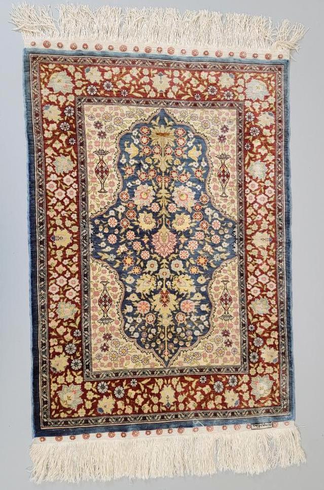 Hand-Knotted Persian Silk Mat, Signed (1 of 6)
