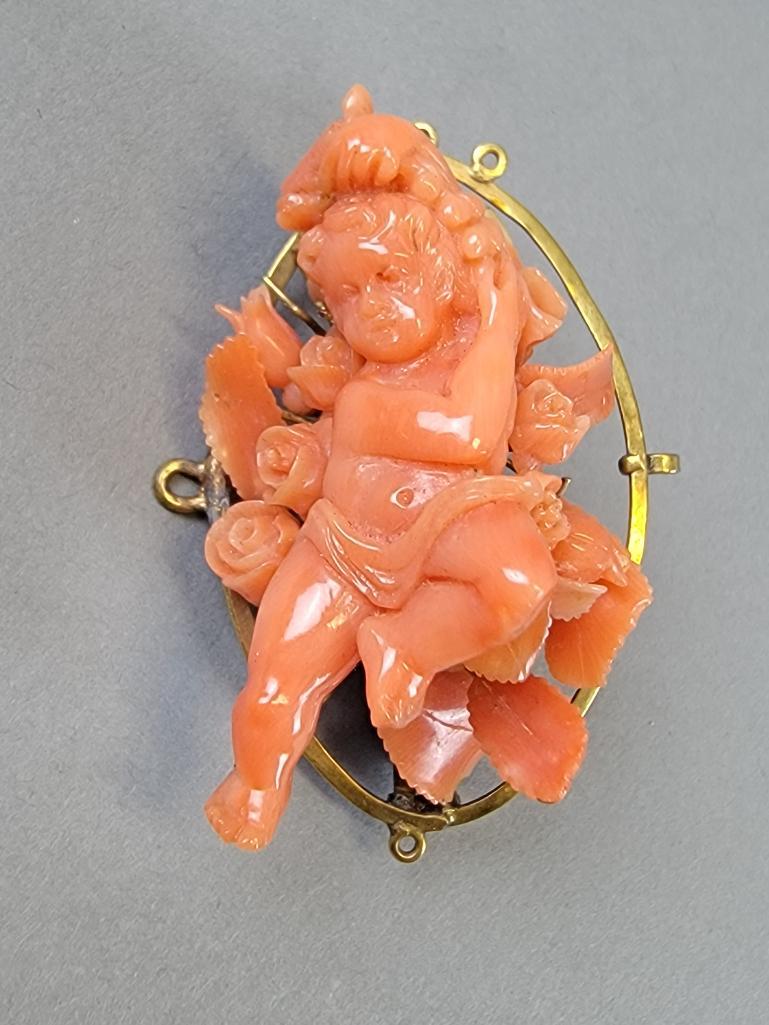 Edwardian Carved Coral Cherub Pin or Brooch (1 of 4)