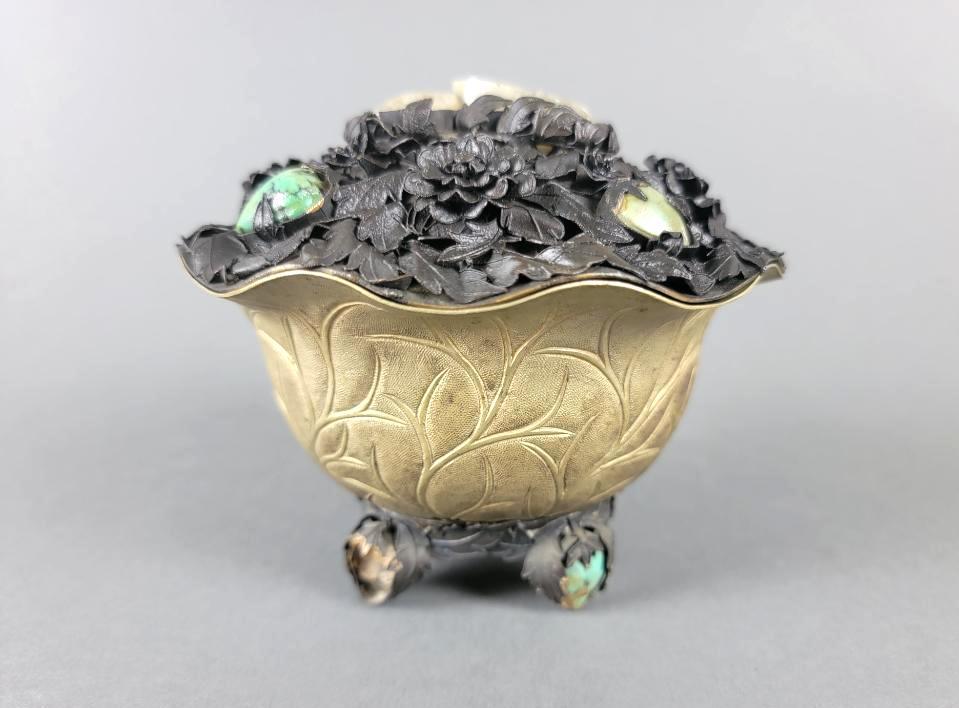 Antique VTG Chinese Qing Spelter & Hardstone Filigree Trinket Box (1 of 15)