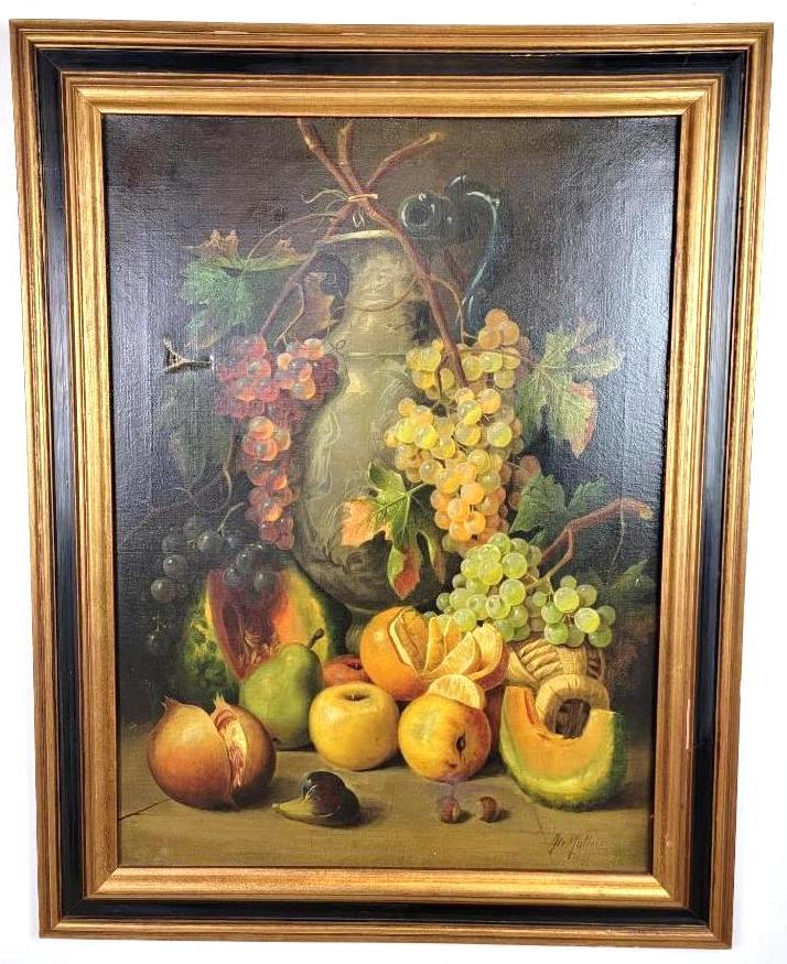 19th C. Fruit Still Life Painting: After Paolo de Matteis, painted with grapes, melons, and pears, signed and dated indistinctly lower right, framed. Condition; tear to the left of the red grape bunch, some in painting, lightly covered