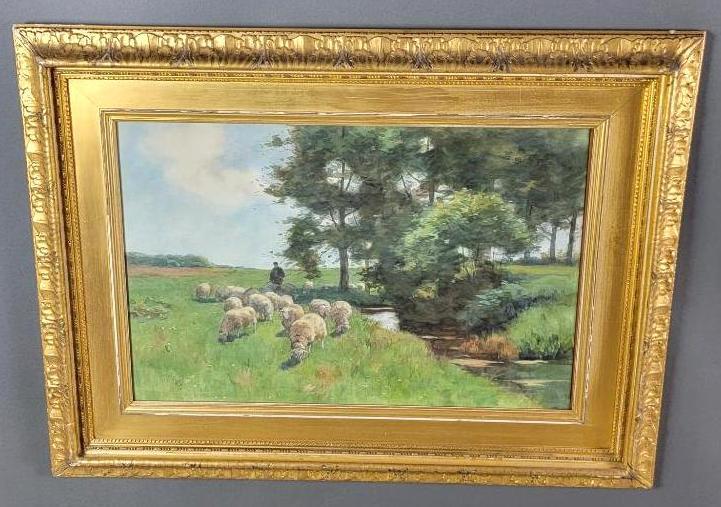 Antique 19th C. Watercolor Painting of Shepherd and Sheep, Signed Sterling (1 of 9)