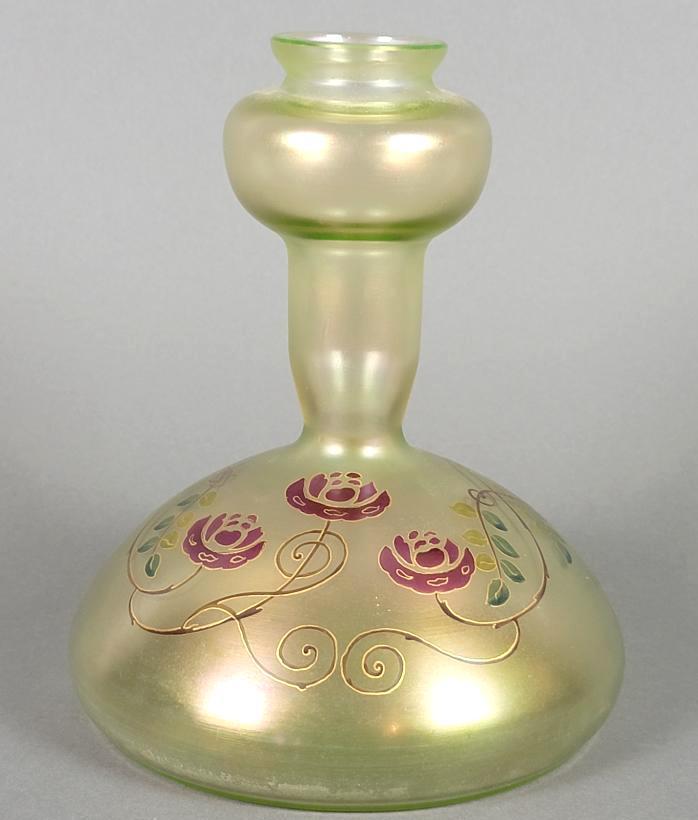 Antique Bohemian Czech Art Nouveau Iridescent Glass Vase, Roses (1 of 8)