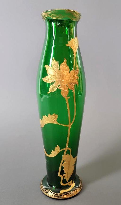 Antique Whimsical French Art Nouveau Green & Gold Poppy Cameo Glass Vase, Mont Joye (1 of 11)